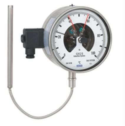 Gas-actuated thermometer with switch contacts