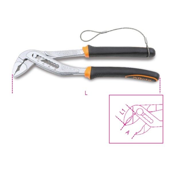 Slip joint pliers, boxed joint, bimaterial handles
